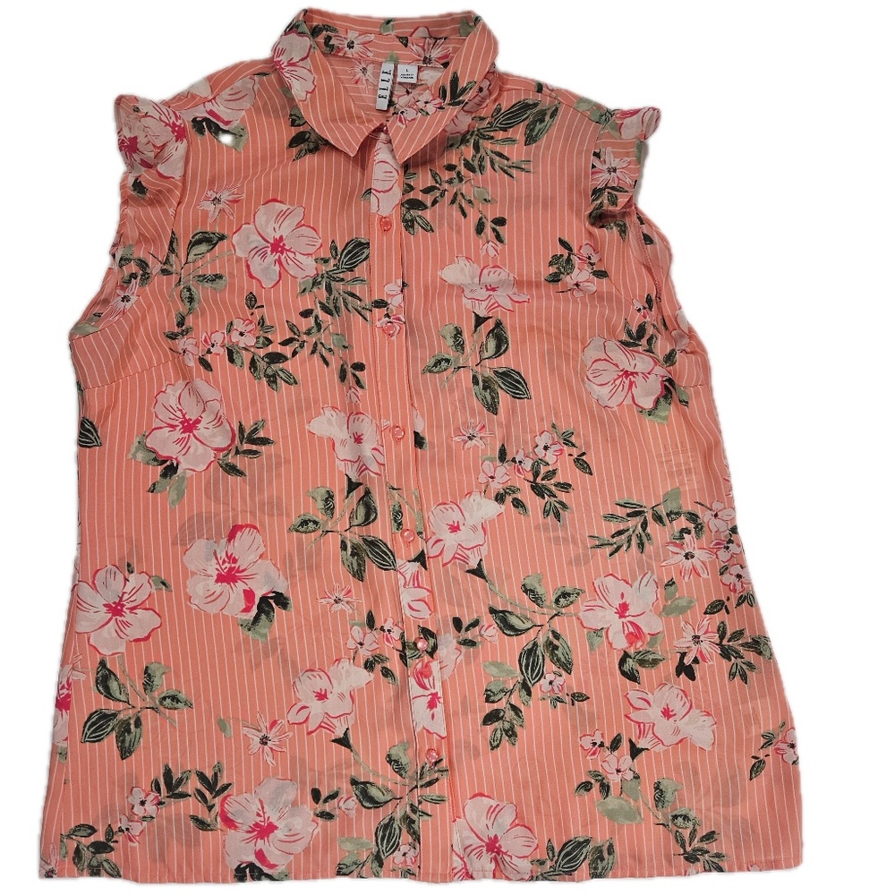 ELLE Shirt Womens Large‎ Pink Floral Sleeveless Button Up Collared Blouse Top